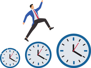 Time management skills, successful time management as inspiration for the next time management, increasing expertise over time, businessman jumps through the small clock to the big one