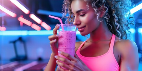 Young woman makes protein shake after workout in gym for healthy lifestyle. Concept Healthy Living, Fitness Routine, Nutritious Recipes, Gym Lifestyle, Post-Workout Shake
