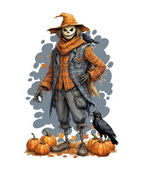 Spooky Scarecrow Amidst Pumpkins And Crow Scene