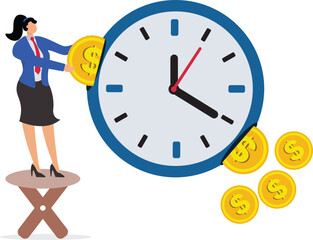 ROI, return on investment or long term investment success, increase in dividends or returns from the costs that have been invested, businesswoman invests money into big watch to get return profit
