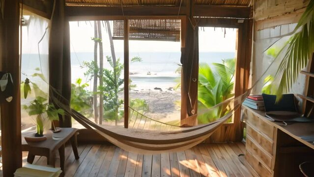 A hammock in a room with an ocean view, offering a relaxing spot for quick naps or moments of relaxation, A beachside office with a hammock for quick naps