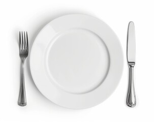 A white plate with knife and fork on the side,white background, isolated, transparent background, png.