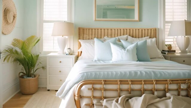 A bedroom featuring a wicker bed against white walls, creating a beachy and nautical ambiance, A beachy bedroom with nautical touches, a breezy color scheme, and rattan furniture
