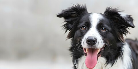 Happy black and white dog with tongue out against white background. Concept Dog Photography, Pet Portraits, Animal Poses, Black and White, Tongue Out