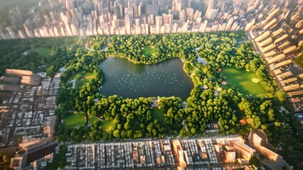 A cityscape with buildings and a lake visible from above, A bird's eye view of Central Park amidst a sea of towering buildings