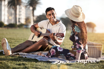 Picnic, date and man with guitar for romance, love and anniversary in Puerto Rico. Couple, happy...