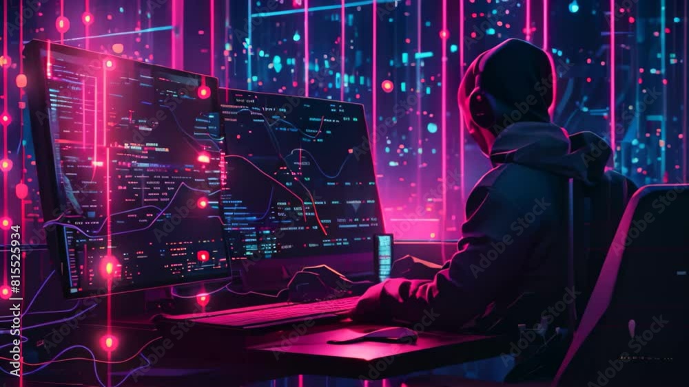 Poster a blockchain security specialist focused on a computer at a desk, a blockchain security specialist s