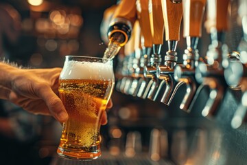 Bartender s hands pouring draft beer from tap in a bar setting, close up shot for detailed view
