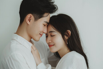 A serene moment as an Asian couple holds each other closely on a white background.