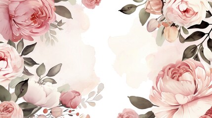 Soft Pastel Blooms: Watercolor Victorian Flowers and Peonies Around White Blank Space for text