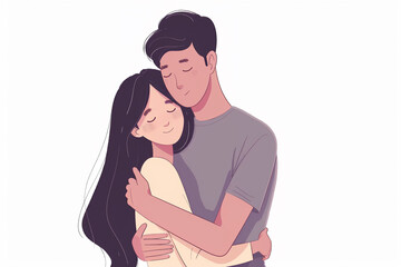 Obraz premium A tender hug as an Asian couple holds each other lovingly on a white background.