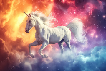 Beautiful white unicorn running in the sky above the cloud against colorful space background.