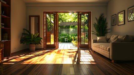 a living room with wood floors and a couch in the center of the room is an open door that leads to a patio : Generative AI