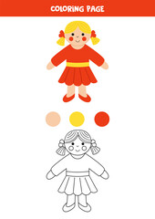 Color cute cartoon doll in red dress. Worksheet for kids.