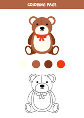 Color cute cartoon teddy bear. Worksheet for kids.