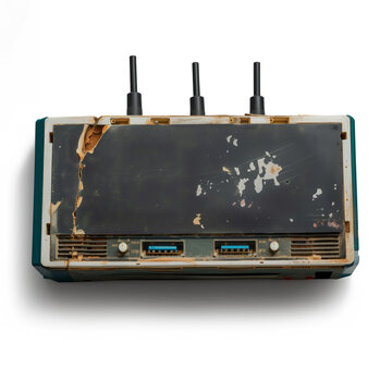 Outdated router with signs of wear on transparent background