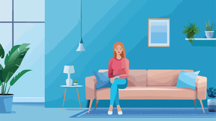 Mature woman sitting on sofa near blue wall in room Vector