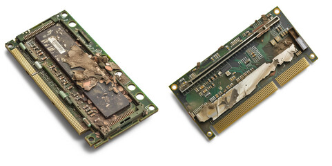 RAM (Random Access Memory) module in a deteriorated state on transparent background