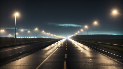 A long, straight road at night with yellow lines marking the center and white lines on either side.