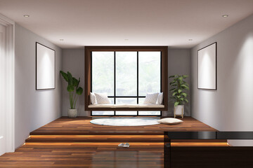 3d render of wooden hanging windows daybed with frame mock up in tatami room. Wood parquet floor,...