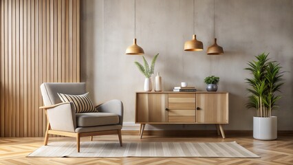 Armchair near wooden cabinet against stucco wall. Scandinavian interior design of modern living room, home.