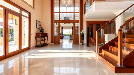 Fototapeta premium Welcoming entry interior with large wooden and glass doors hardwood and tile floors staircase : Generative AI
