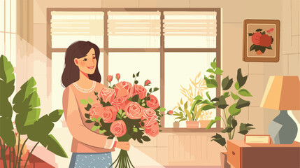 Mature woman with bouquet of beautiful roses at home