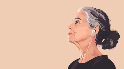Mature woman with hearing aid on beige background wit