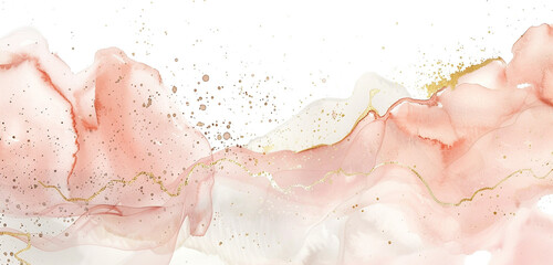 Fototapeta premium Stylish chic blush, beige watercolor designs with gold leaf on broad canvas.