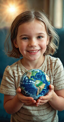 Child Holding the green planet Earth, environment concept for climate awareness