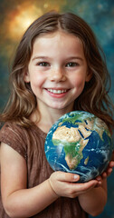 Child Holding the green planet Earth, environment concept for climate awareness