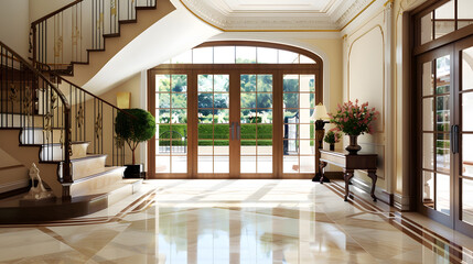 Obraz premium Welcoming entry interior with large wooden and glass doors hardwood and tile floors staircase : Generative AI
