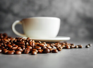 Close up of backdrop dark brown coffee beans and coffee cup background.