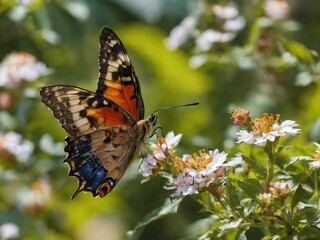 Obraz premium A delicate butterfly alights on a blooming flower, its vibrant hues contrasting against the soft petals, a fleeting moment of natural beauty