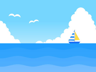 グラデーション空と海とヨットとカモメと積乱雲背景A：青