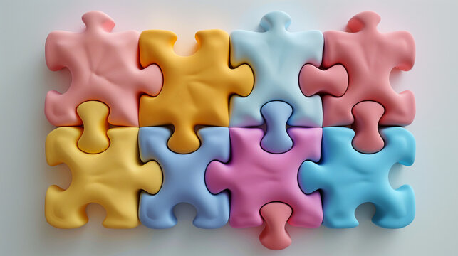 Puzzle pieces on a white surface. Bright wall of colorful jigsaw puzzles. Abstract background. Concept of creative, logical thinking. Different colorful shapes wooden blocks on light background. 