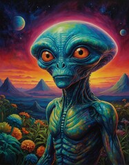 Strange green and blue alien creature with a large head and large orange eyes otherworldly landscape with pyramid shaped mountains in the distance and a vibrant sunset