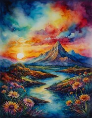 Beautiful hillside landscape near a tall mountain with vibrant colorful watercolor cloudy sky at sunset and a winding river with fields of flowers growing on the hills