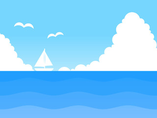 グラデーション空と海とヨットとカモメと積乱雲背景A：青白