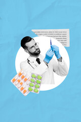 Vertical photo collage picture young medical worker hospital doctor injection vaccine pills...