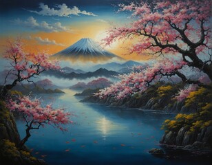 Majestic Mount Fuji tallest mountain in Japan with beautiful Lotus Blossom trees growing on hillsides near a peaceful lake at sunset