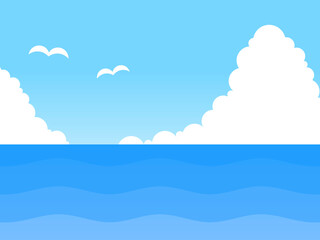 グラデーション空と海とカモメと積乱雲背景A：青
