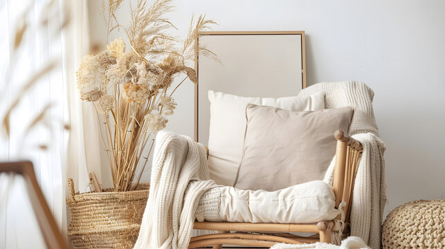 Modern composition in stylish living room interior with design armchair mock up poster frames carpet decoration dried flowers rattan basket and elegant accessories in home decor : Generative AI