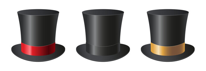 Set of top hat with black, gold and red silk ribbons. Transparent background.