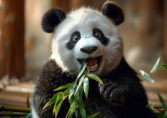 Close-up of a Panda Eating Bamboo with Detailed Black and White Fur, Holding a Leaf and Biting...