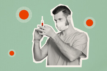 Collage artwork picture of professional doc make injection hold syringe isolated on creative...