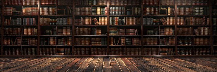 dark black library wall with many books, empty wooden floor.