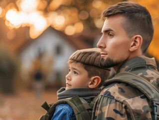 Fototapeta premium A soldier is holding his son in his arms