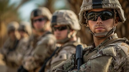 Fototapeta premium A soldier in the front with the others blurred in the background