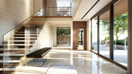 Fototapeta premium Entry hall and foyer with glass walls stairs console table bench and wooden door : Generative AI